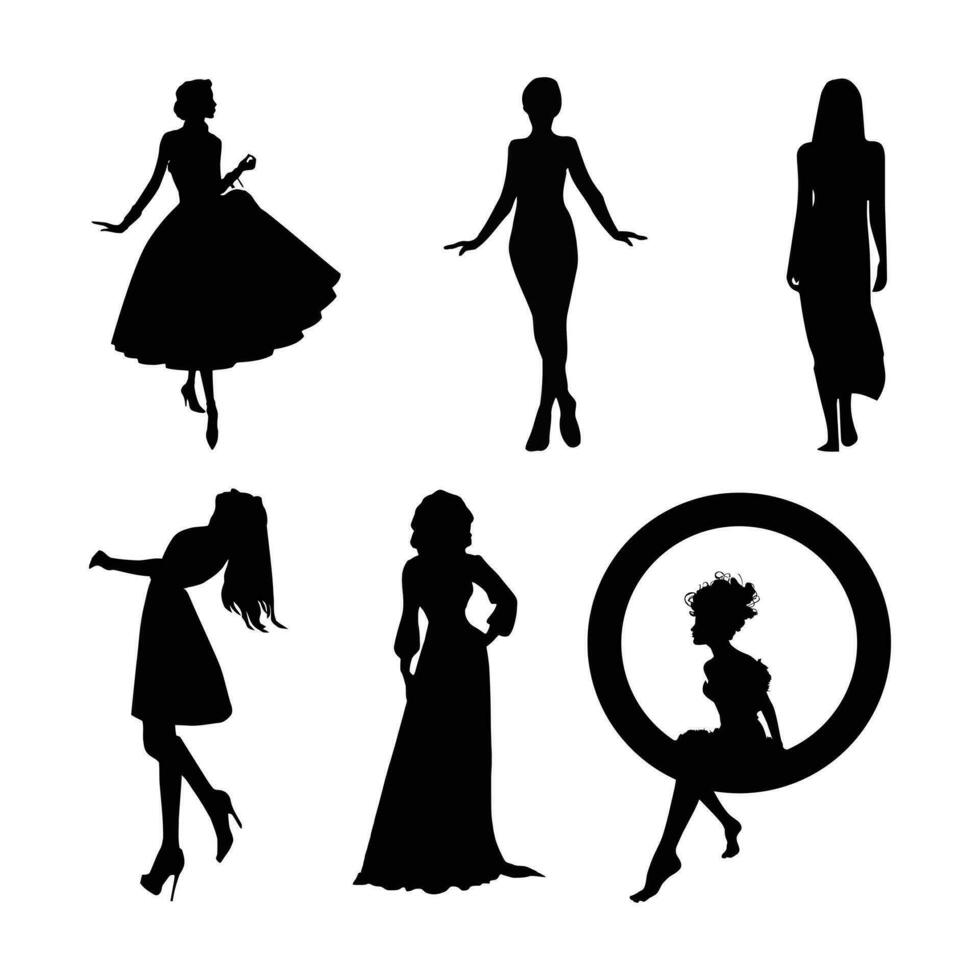 silhouetten van meisjes in jurk voor mode ontwerp. vector