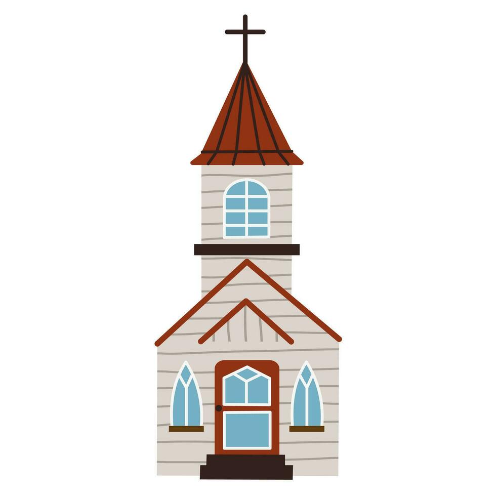 geïsoleerd religieus houten wit kerk met toren en kruis. geestelijk architectuur verzameling. vlak vector illustratie Aan wit achtergrond.