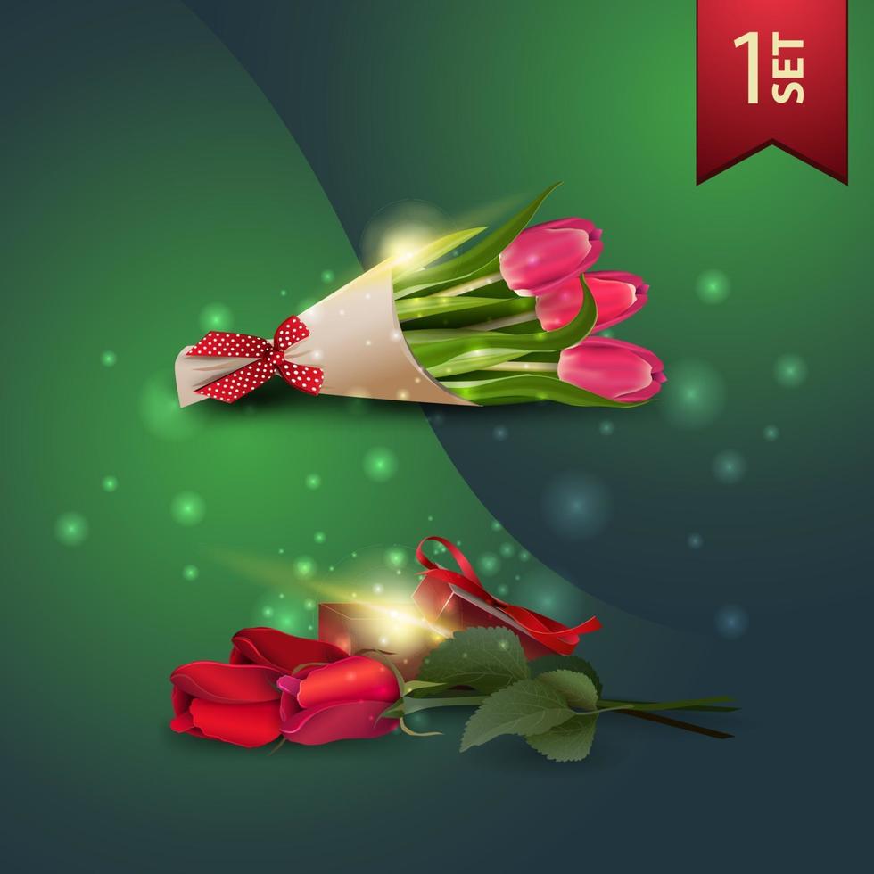 set pictogrammen voor lentefeesten, boeket tulpen en rozen met cadeau vector