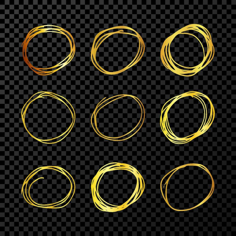 hand- getrokken kattebelletje cirkels. reeks van negen goud tekening ronde circulaire ontwerp elementen Aan donker achtergrond. vector illustratie