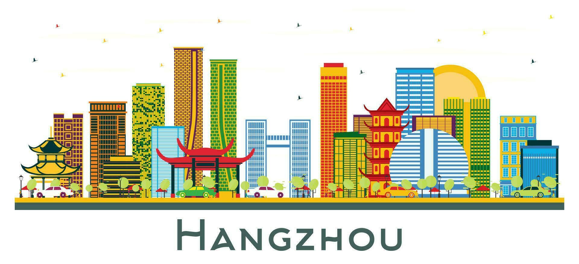Hangzhou China stad horizon met kleur gebouwen geïsoleerd Aan wit. vector