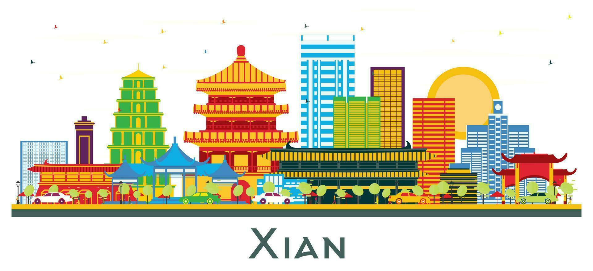 xian China stad horizon met kleur gebouwen geïsoleerd Aan wit. vector