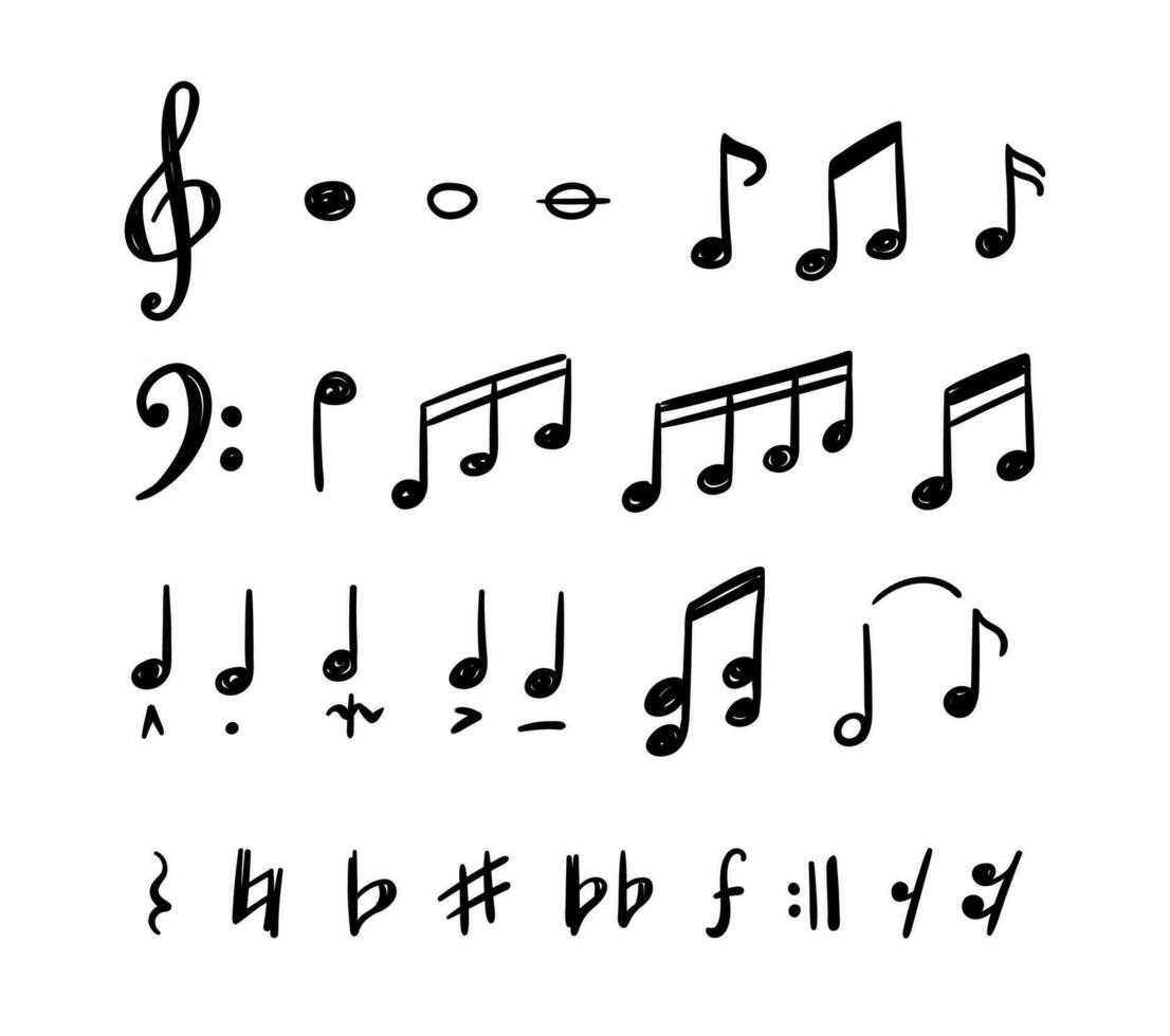 muziek- Notitie tekening stijl elementen zwart dun lijn icoon set. vector
