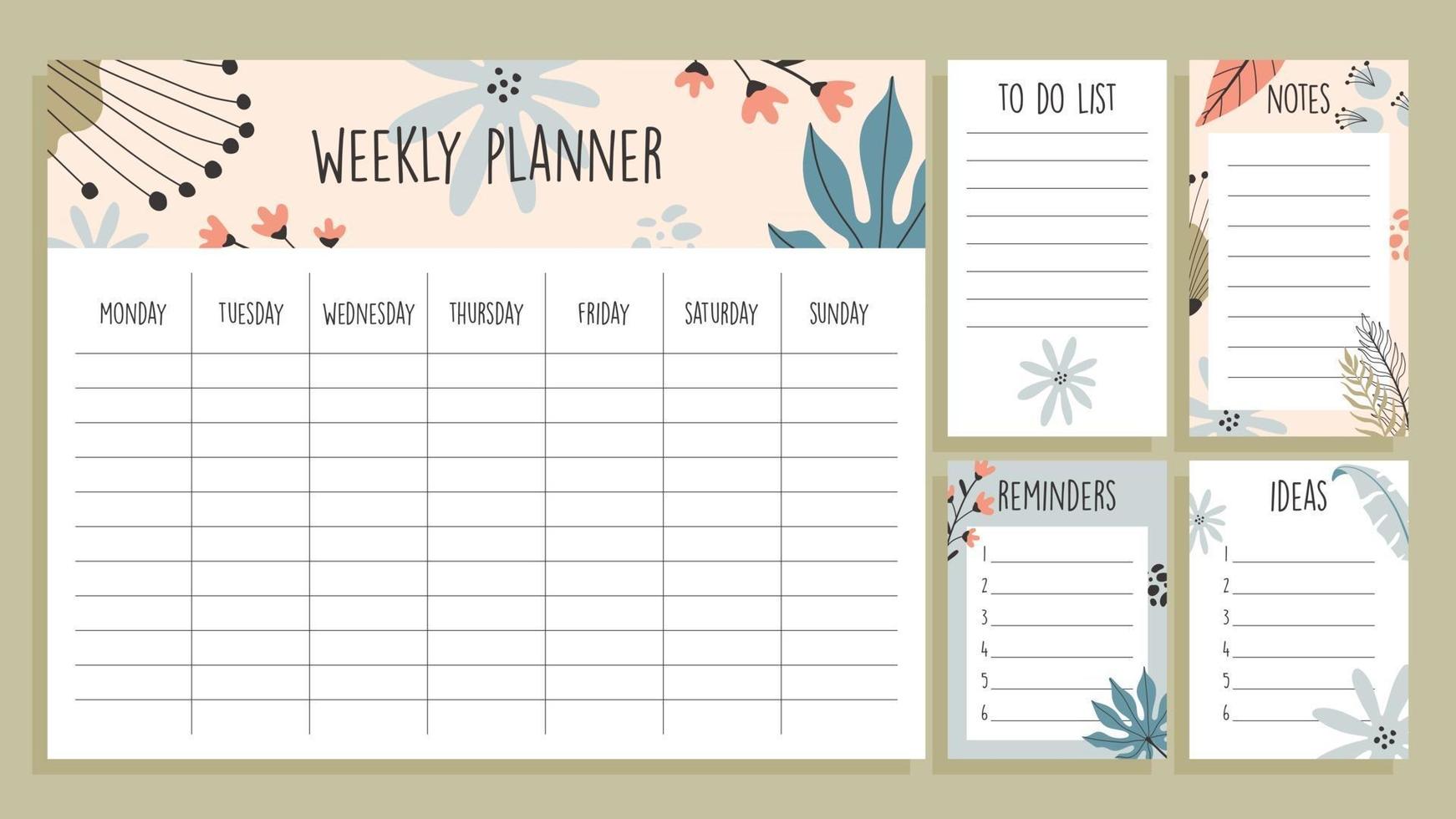 tropische weekplannersjabloon en set aantekeningen op papier, met handgetekende illustraties vector