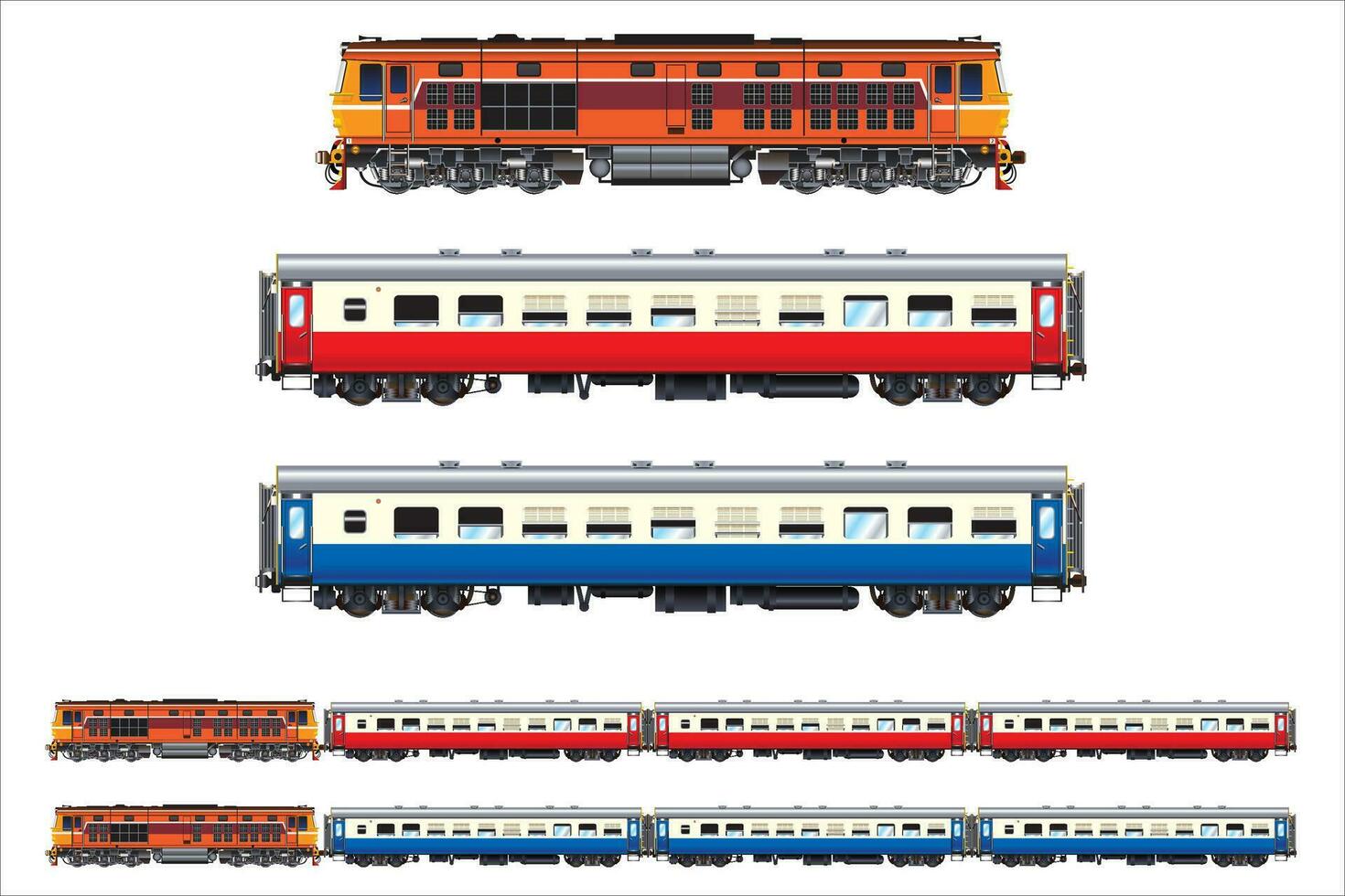 passagier trein set, locomotief en passagier auto vector