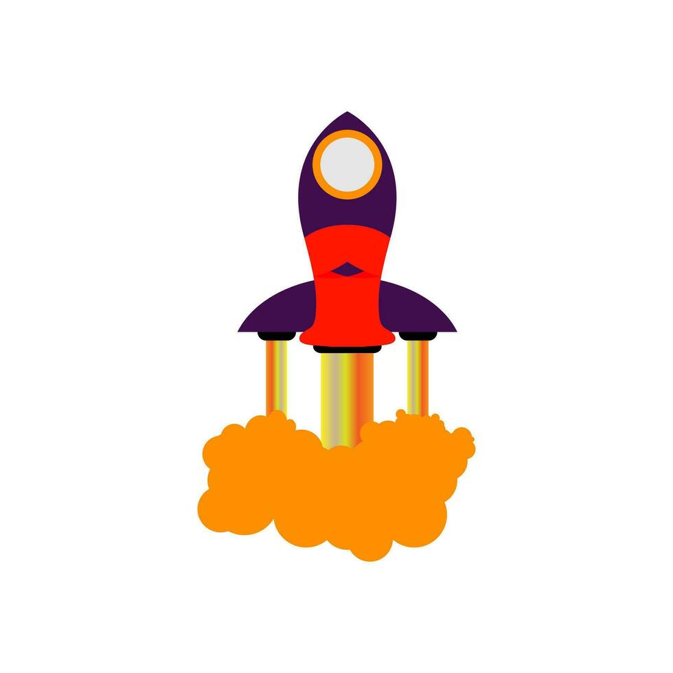 vector illustratie van een raket lancering omhoog met oranje rook, voor pictogrammen, logos en stickers