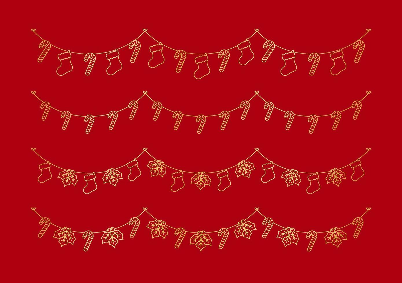 reeks van goud Kerstmis en winter decoratie slinger schets tekening. vakantie decoratie elementen verzameling. de kerstman kousen, maretak, ornamenten, snoep riet. vector illustratie.