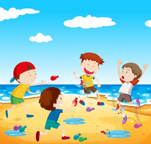 De gelukkige kinderen spelen ballongevecht op het strand vector