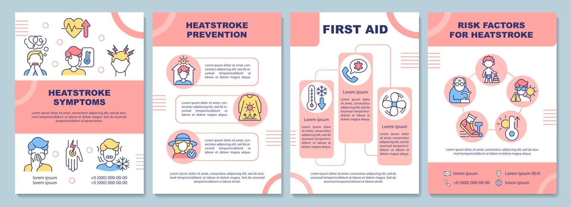 hitteberoerte symptomen brochure sjabloon. Spoedeisende hulp. risicofactoren. flyer, boekje, folder afdrukken, omslagontwerp met lineaire pictogrammen. vectorlay-outs voor presentatie, jaarverslagen, advertentiepagina's vector