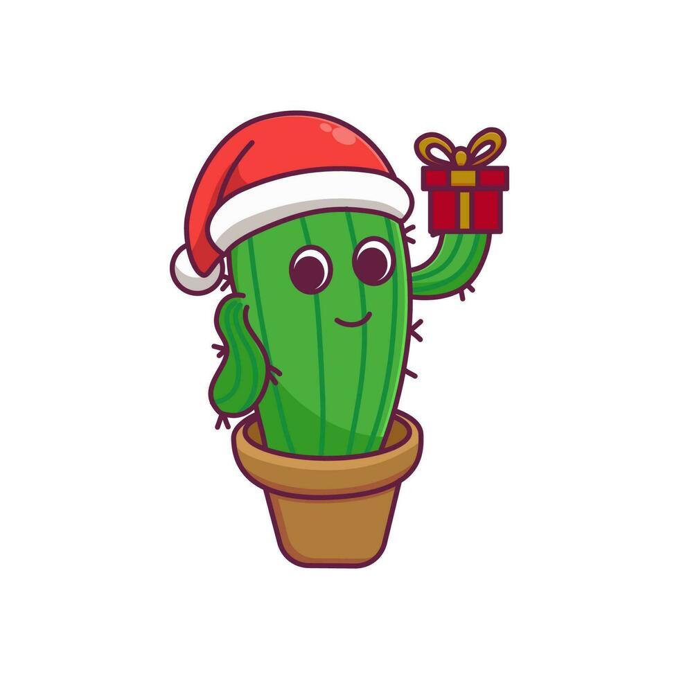 schattig tekenfilm cactus karakter Holding geschenk doos in vector icoon illustratie