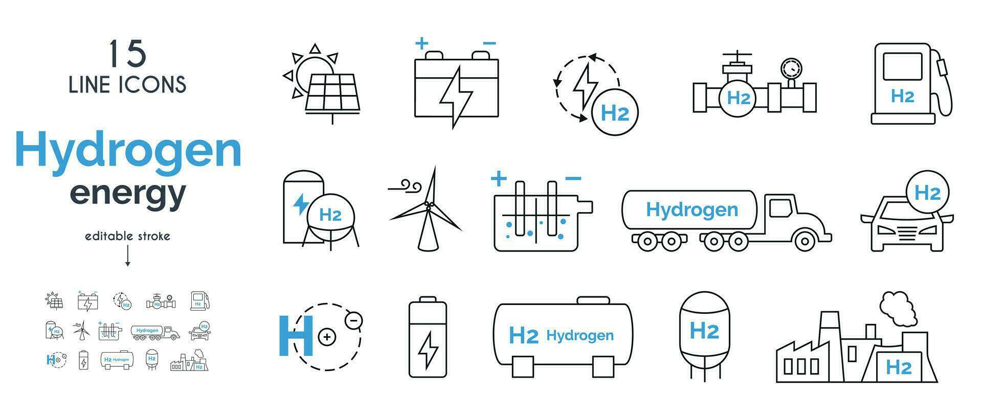 een reeks van lineair pictogrammen verwant naar waterstof energie. schoon energie. vector