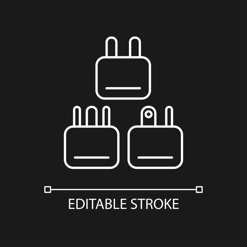 reisadapter wit lineair pictogram voor donker thema. universele stekker voor vliegtuigpassagier. dunne lijn aanpasbare illustratie. geïsoleerd vectorcontoursymbool voor nachtmodus. bewerkbare streek vector