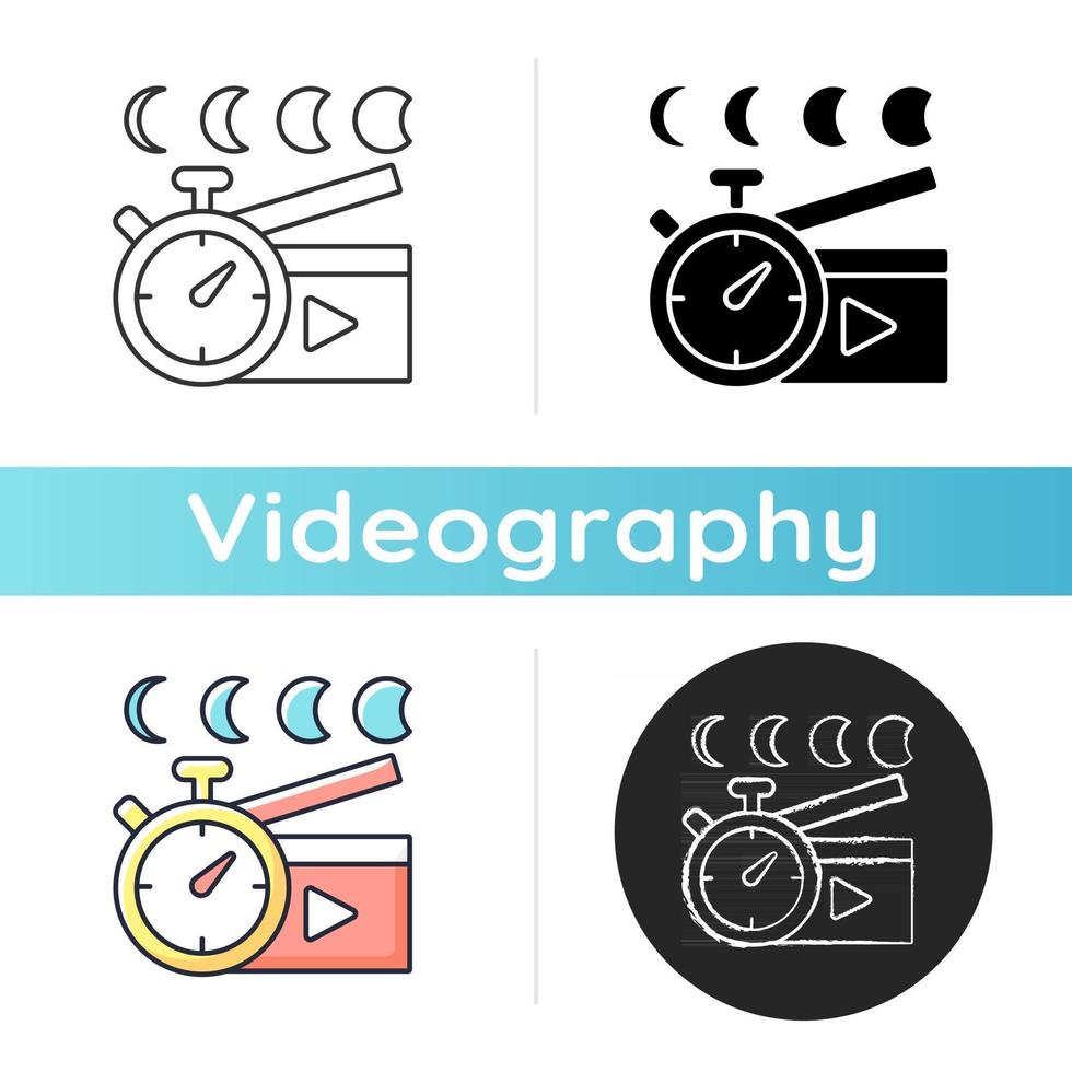 time-lapse video's icoon. 's nachts opnames maken. klok met tijd die verstrijkt voor het maken van films. stop-motion beeld. videografie. lineaire zwarte en rgb-kleurstijlen. geïsoleerde vectorillustraties vector