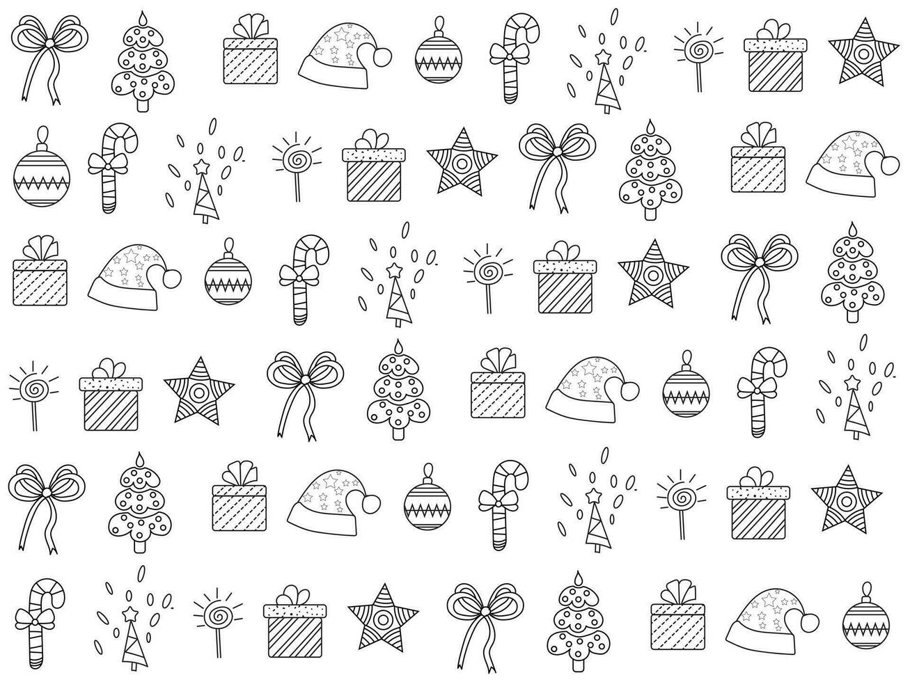 Kerstmis icoon reeks met sneeuwvlokken, hoeden, ster, Kerstmis boom, ballen, oranje, sok, geschenk, drinken en slingers. vector pictogrammen voor bedrijf en vakantie