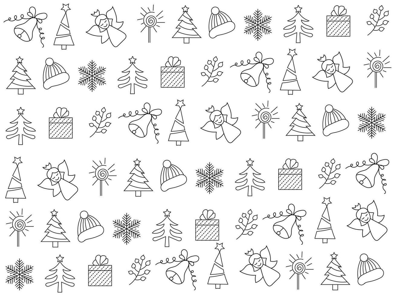Kerstmis icoon reeks met sneeuwvlokken, hoeden, ster, Kerstmis boom, ballen, oranje, sok, geschenk, drinken en slingers. vector pictogrammen voor bedrijf en vakantie