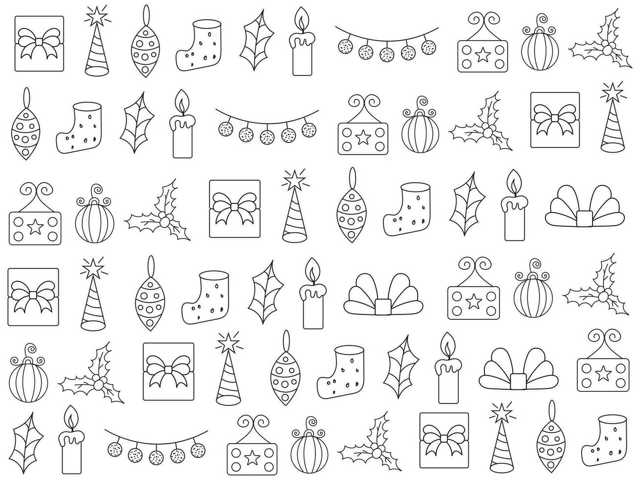 Kerstmis icoon reeks met sneeuwvlokken, hoeden, ster, Kerstmis boom, ballen, oranje, sok, geschenk, drinken en slingers. vector pictogrammen voor bedrijf en vakantie