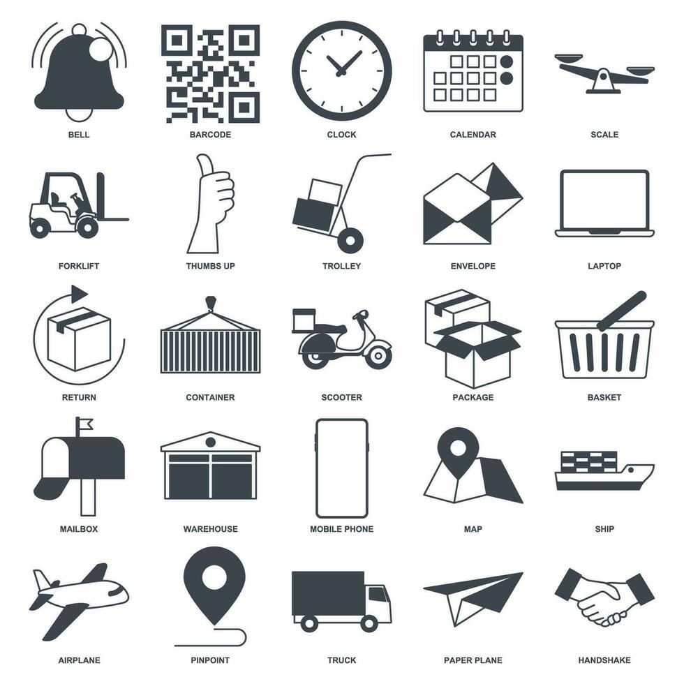 levering icoon set, inbegrepen pictogrammen net zo vrachtwagen, scooter, magazijn, envelop en meer symbolen verzameling, logo geïsoleerd vector illustratie