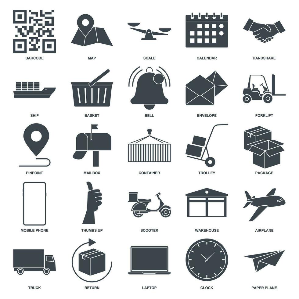 levering icoon set, inbegrepen pictogrammen net zo vrachtwagen, scooter, magazijn, envelop en meer symbolen verzameling, logo geïsoleerd vector illustratie