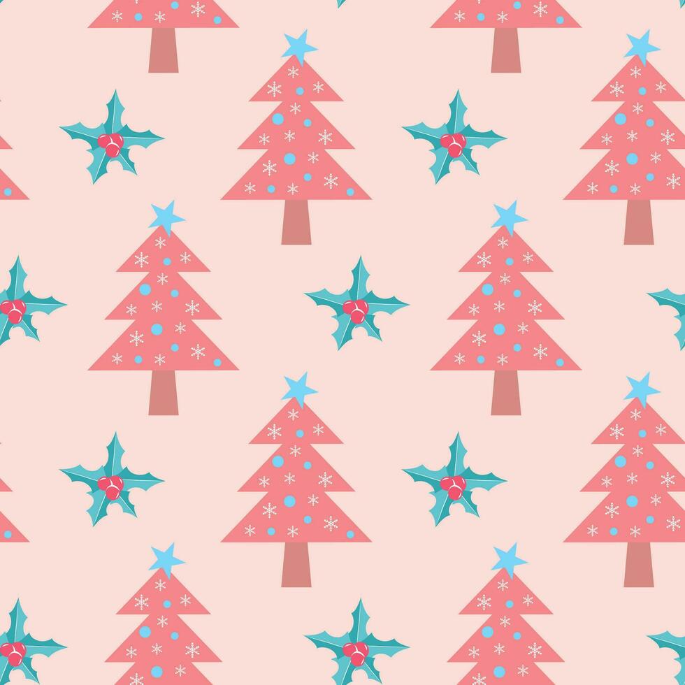 roze Kerstmis boom en hulst BES bladeren naadloos patroon. winter vakantie aantrekkingskracht decoratief omhulsel papier. vector