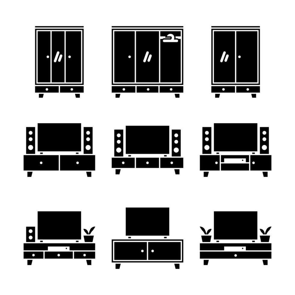 houten TV tafel en garderobe meubilair glyph icoon reeks vector