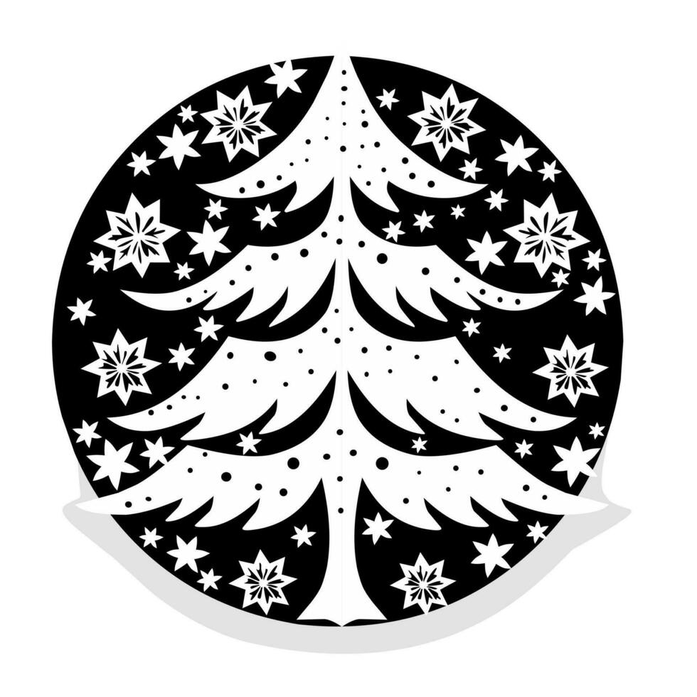 zwart en wit illustratie ontwerp Kerstmis boom met ornamenten in een zwart cirkel Aan een wit achtergrond vector