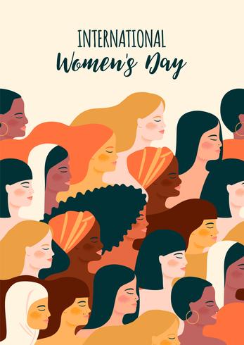 Internationale Vrouwendag. Vectorillustratie met vrouwen verschillende nationaliteiten en culturen. vector