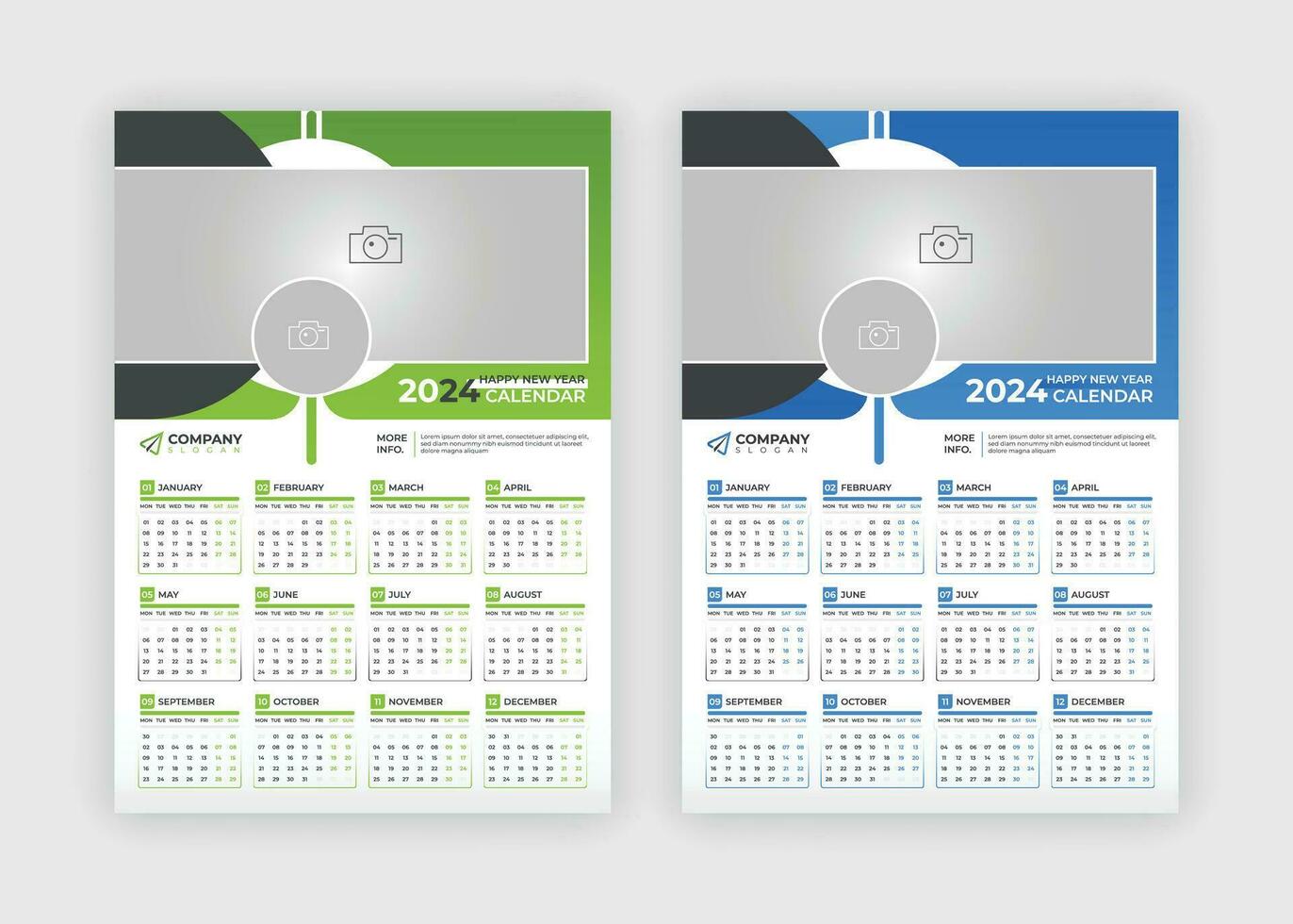 muur kalender 2024 modern gemakkelijk een bladzijde ontwerp zakelijke bedrijf jaar- ontwerper sjabloon vaste week begint Aan maandag. vector