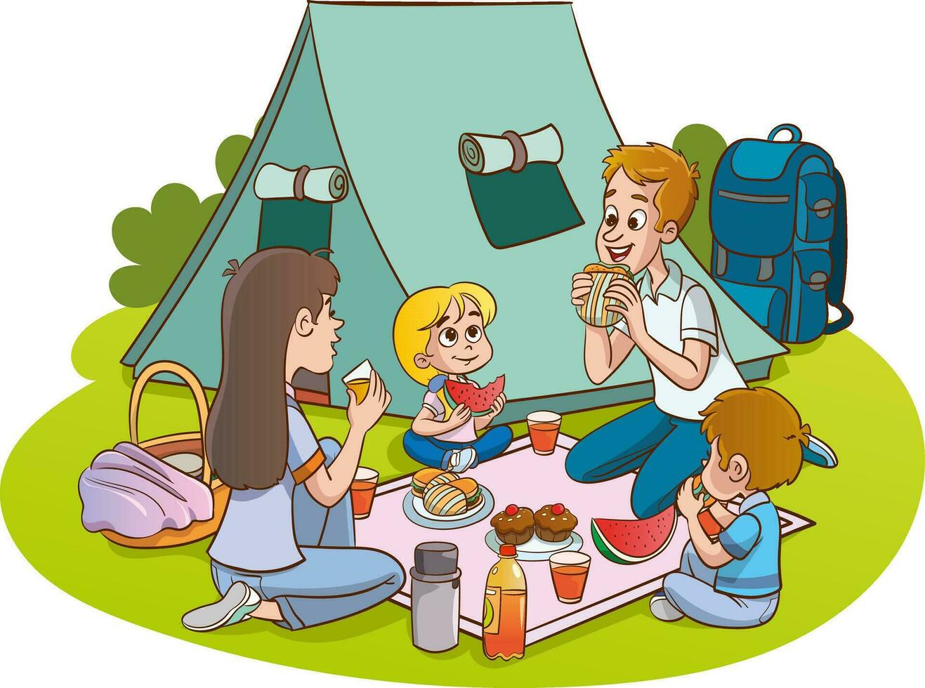 vector illustratie van familie picknick en camping en visvangst