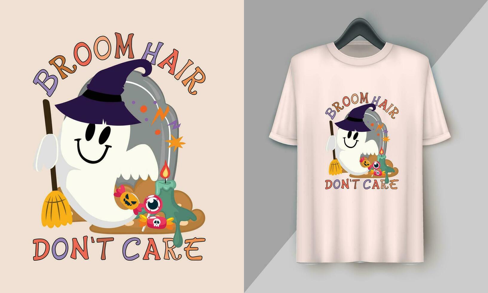 bezem haar- niet doen zorg - retro halloween schattig t-shirt ontwerp met groovy stijl, boe, geest, pompoen, heks, enz vector