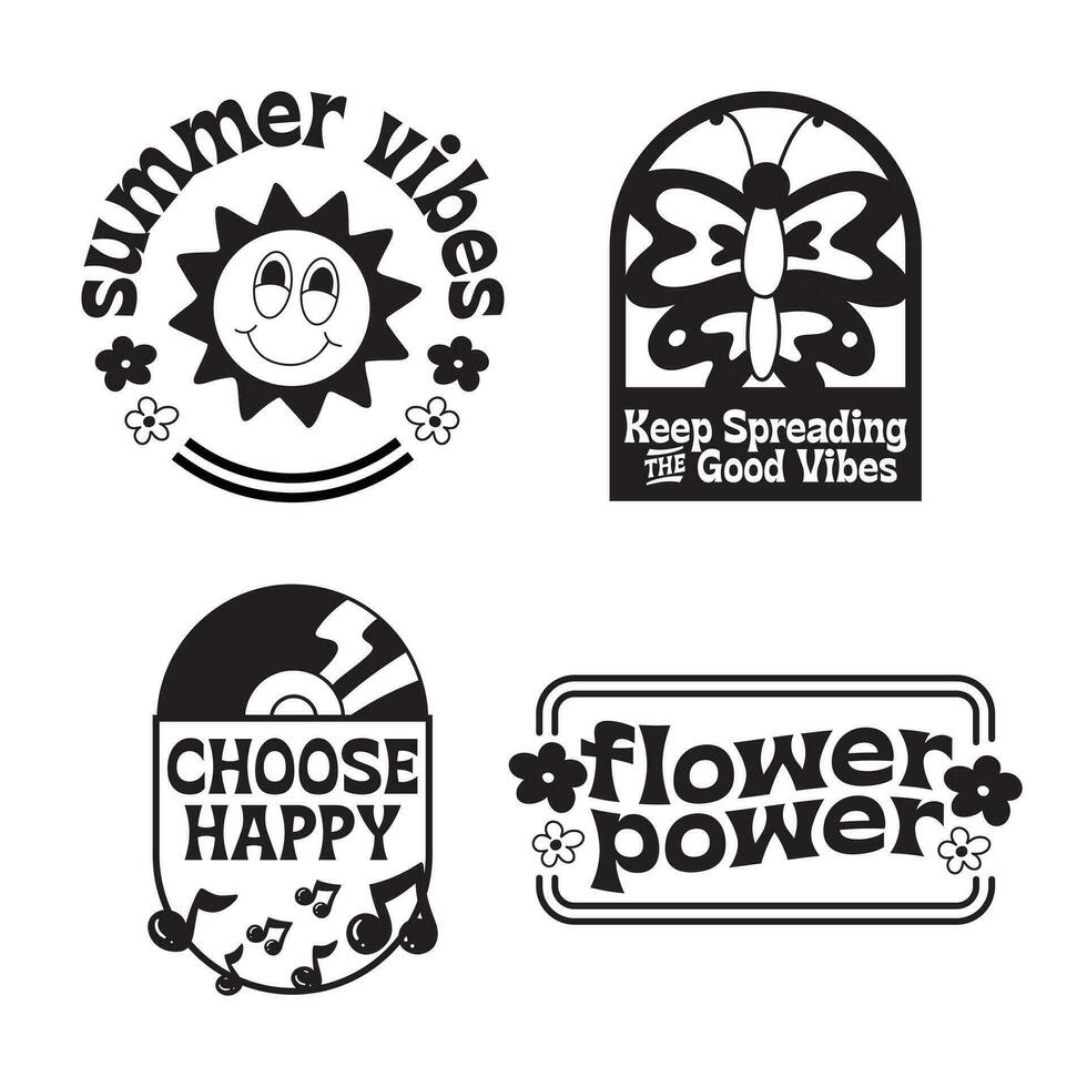 reeks van retro hand- getrokken groovy badges hippie badges vector illustratie