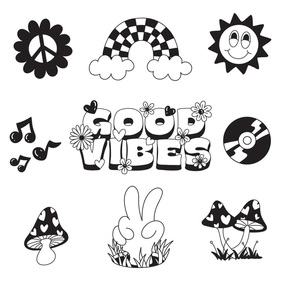 reeks van hand- getrokken retro groovy elementen. hippie verzameling. vector illustratie