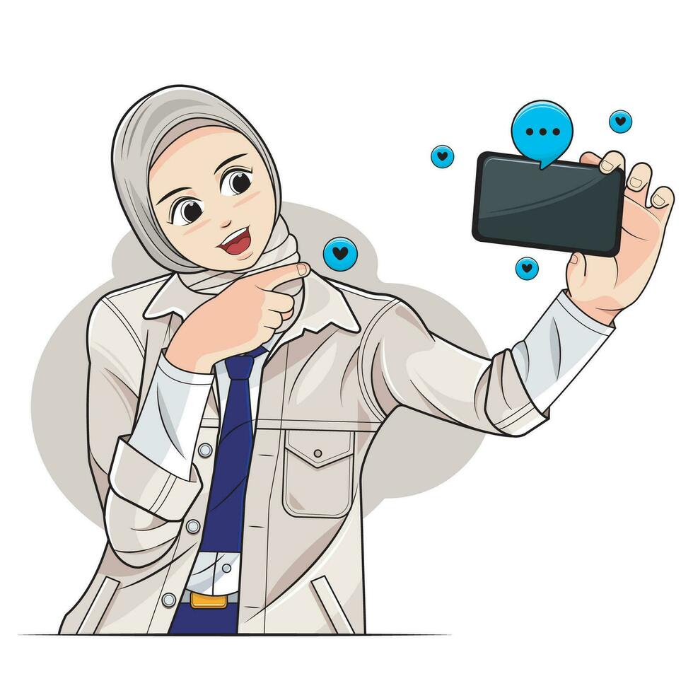 hijab weinig kind, school- meisje. een jong meisje een hijab vrolijk nemen een selfie Aan een smartphone. vector illustratie vrij downloaden