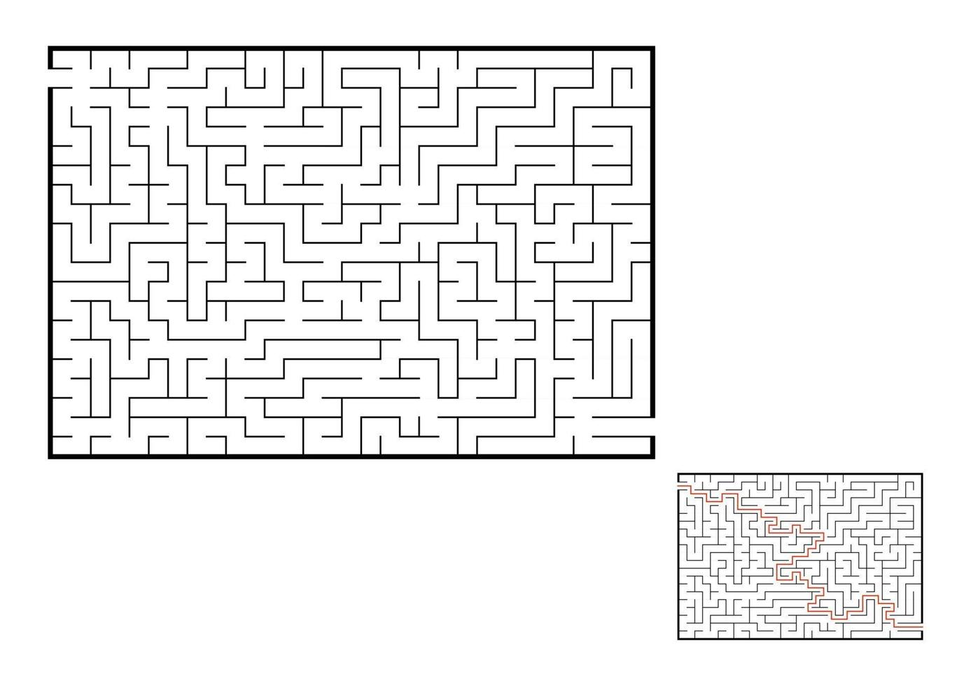 abstract rechthoekig doolhof. spel voor kinderen. puzzel voor kinderen. één ingang, één uitgang. labyrint raadsel. platte vectorillustratie geïsoleerd op een witte achtergrond. met antwoord. vector