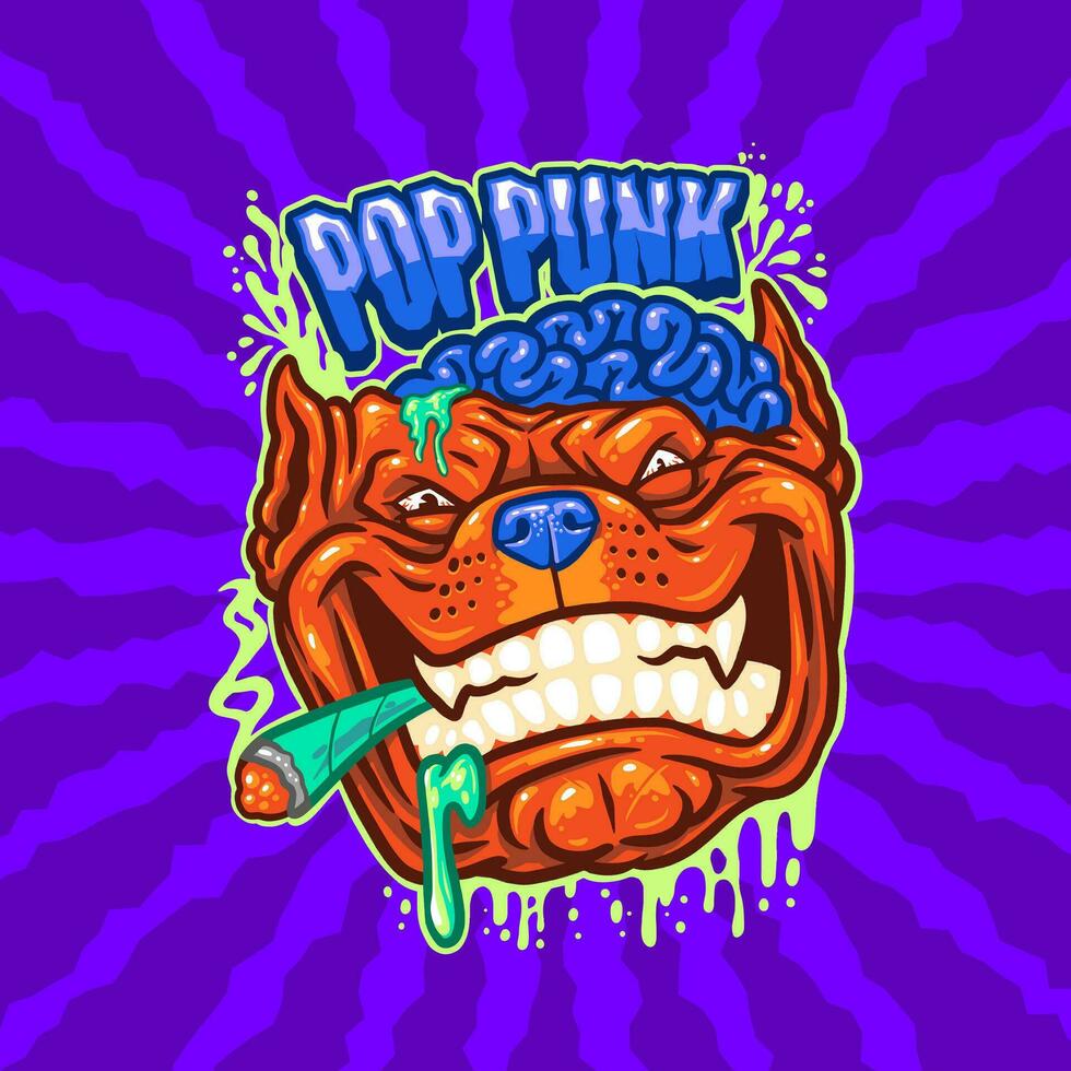 bulldog tekenfilm roken onkruid mascotte knal punk- muziek- vector