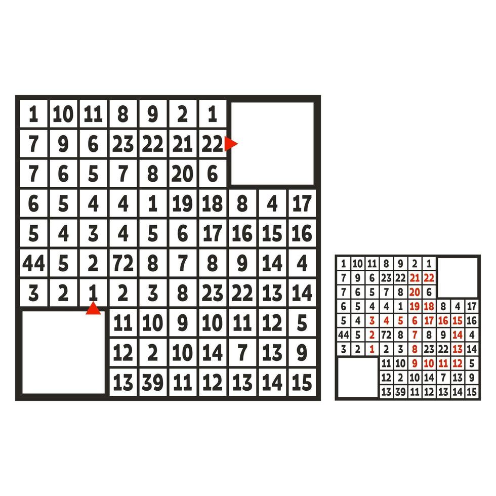 wiskundig vierkant doolhof. spel voor kinderen. puzzel voor kinderen. de studie van getallen. labyrint raadsel. platte vectorillustratie geïsoleerd op een witte achtergrond. met antwoord. met plaats voor uw afbeelding. vector