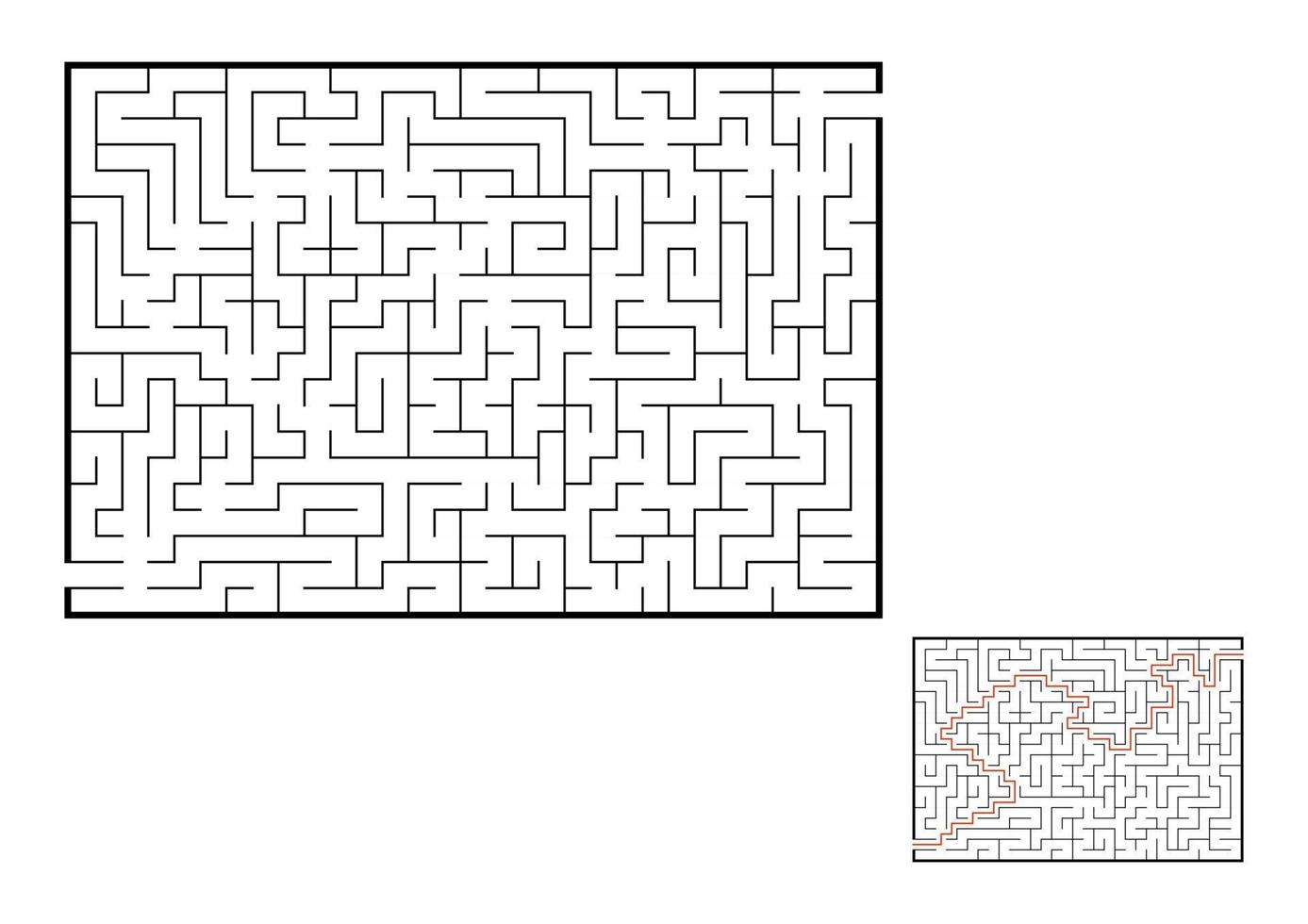 abstract rechthoekig doolhof. spel voor kinderen. puzzel voor kinderen. één ingang, één uitgang. labyrint raadsel. platte vectorillustratie geïsoleerd op een witte achtergrond. met antwoord. vector