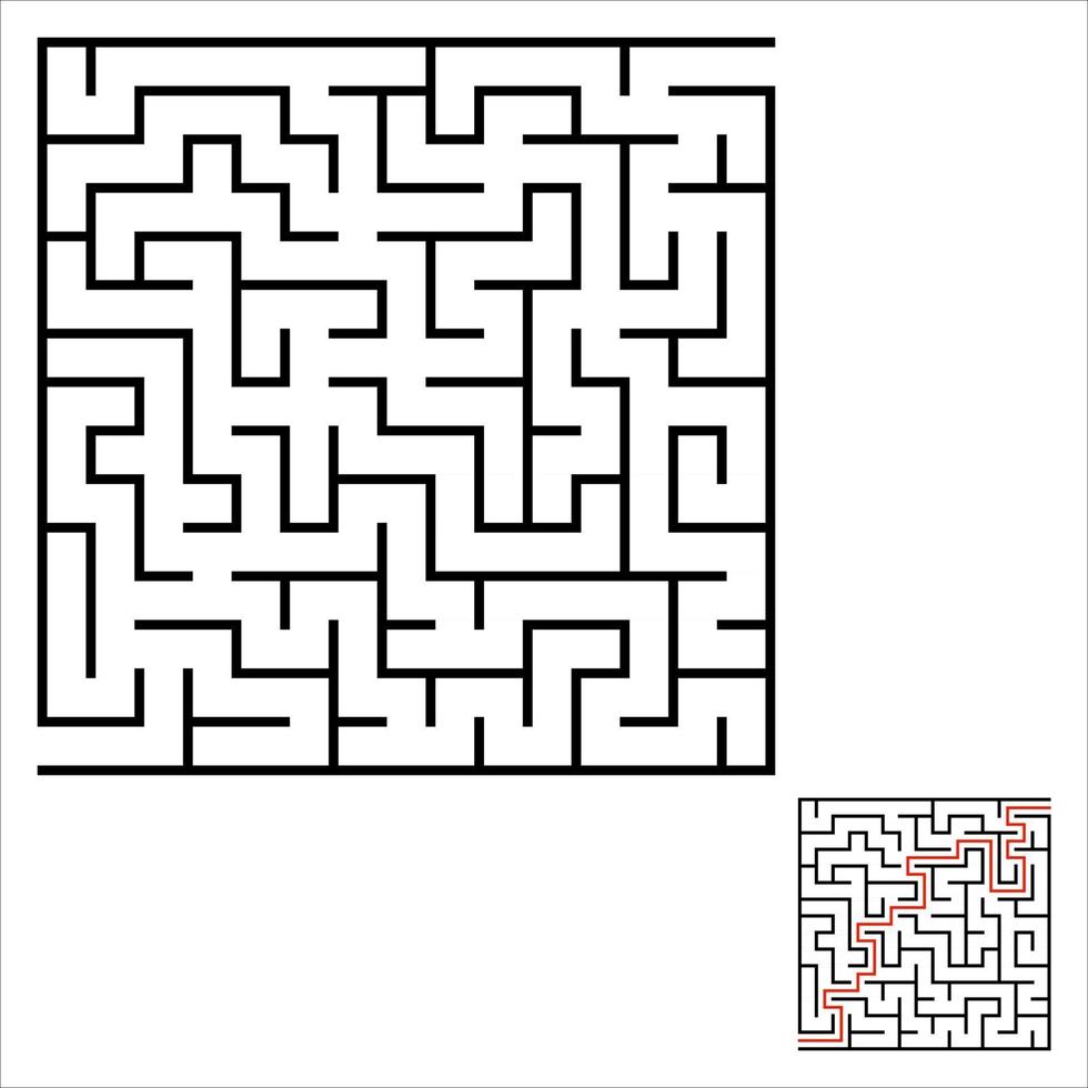 abstracte vierkante doolhof. een interessant en nuttig spel voor kinderen. kinder puzzel. labyrint raadsel. eenvoudige platte vectorillustratie geïsoleerd op een achtergrond in kleur. met het antwoord. vector