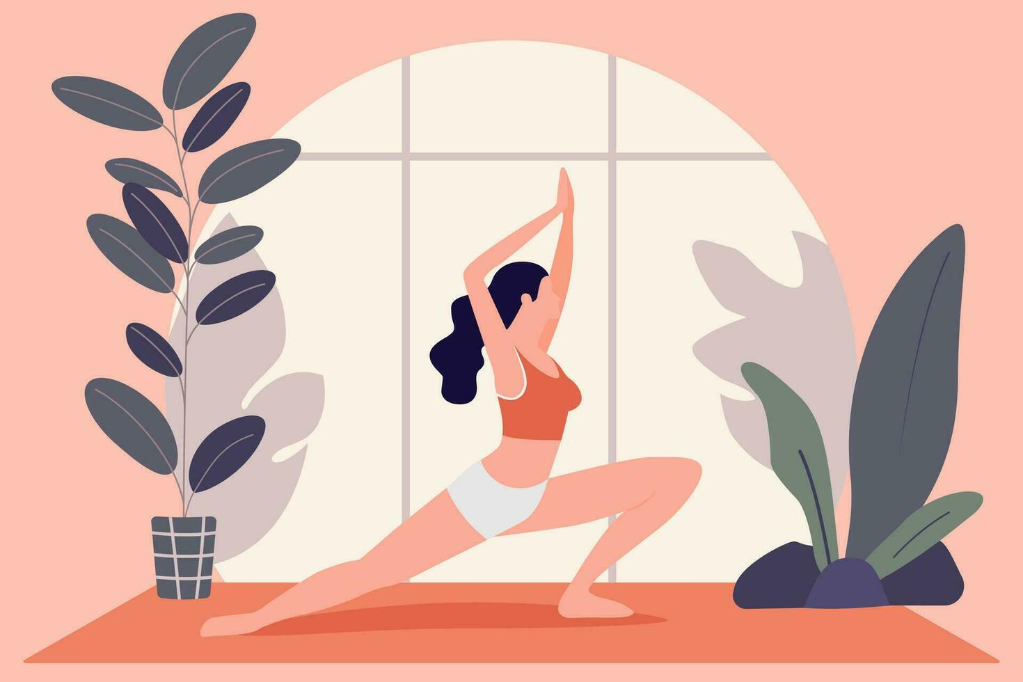 jong wit vrouw aan het doen yoga in de ochtend- Bij huis, houden actief gezond levensstijl. ontspanning, oefeningen, vrouw chracter hebben kalmte vredig humeur. vector