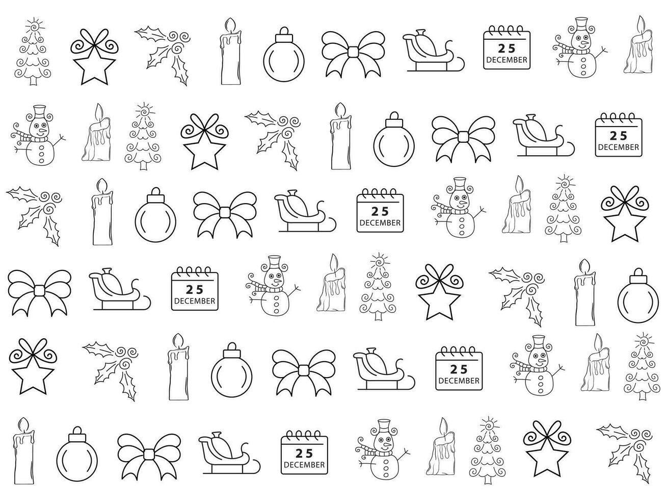 Kerstmis icoon reeks met sneeuwvlokken, hoeden, ster, Kerstmis boom, ballen, oranje, sok, geschenk, drinken en slingers. vector pictogrammen voor bedrijf en vakantie