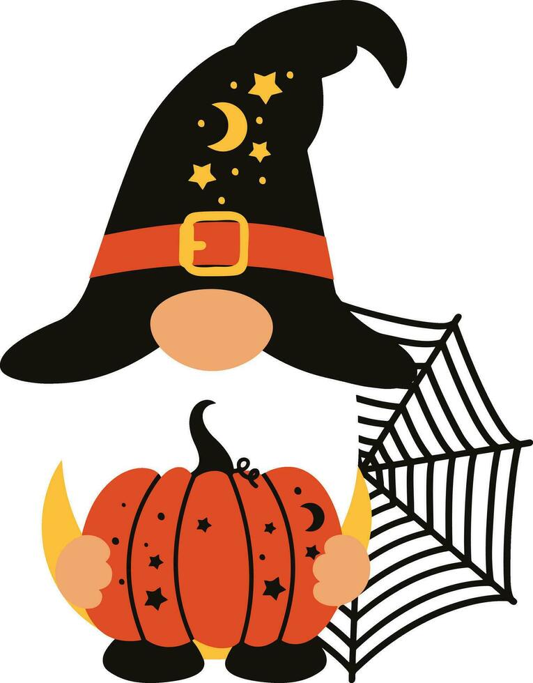 gnoom met pompoen, spin web en heks hoed voor halloween dag. vector