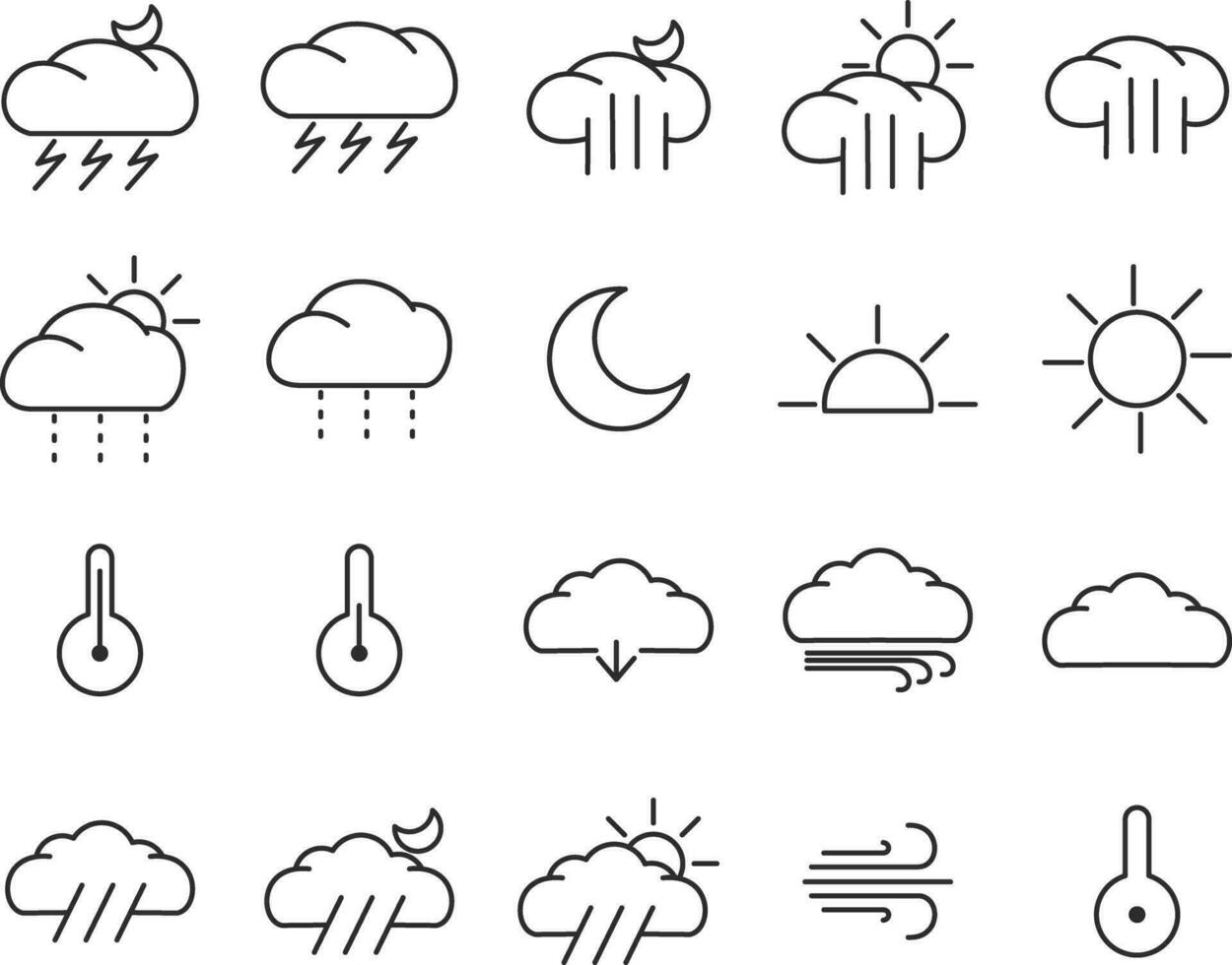 weer lijn pictogrammen set. zon, regenen, donder storm, dauw, wind, sneeuw wolk, nacht lucht minimaal vector illustraties. gemakkelijk vlak schets tekens voor web, voorspelling app.