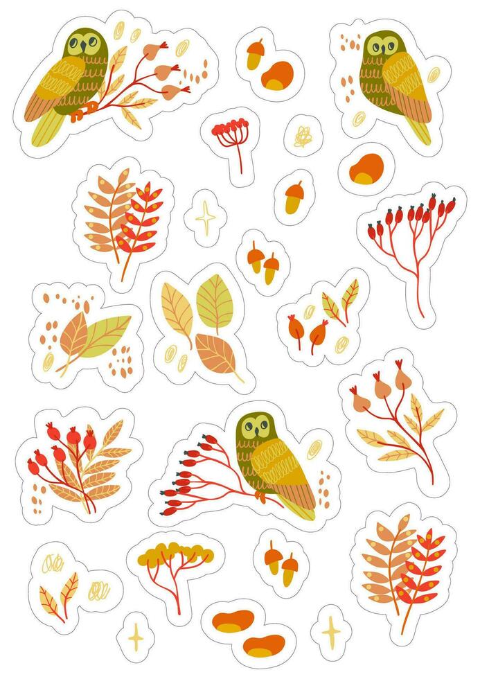 stickers reeks a4 a5 met herfst elementen - bladeren, uilen, bessen. geïsoleerd vallen gekleurd elementen met silhouetten vector