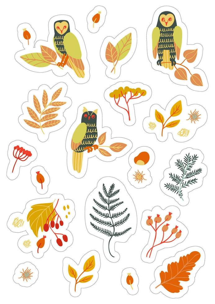 stickers reeks a4 a5 met herfst elementen - bladeren, uilen, bessen. geïsoleerd vallen gekleurd elementen met silhouetten vector