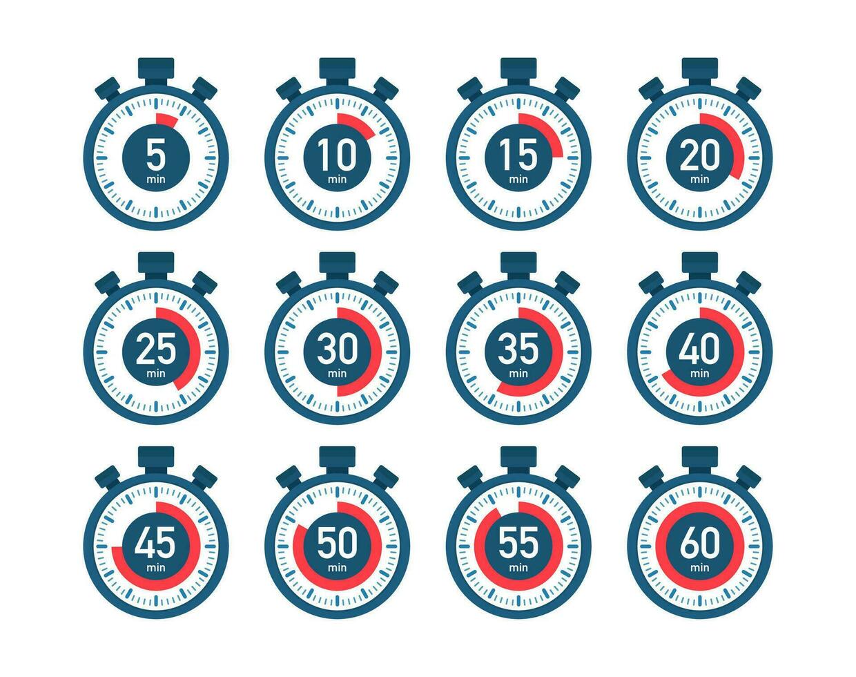 tijdopnemer, stopwatch pictogrammen reeks 10 20 30 40 50 60 minuten. Koken tijd. vector