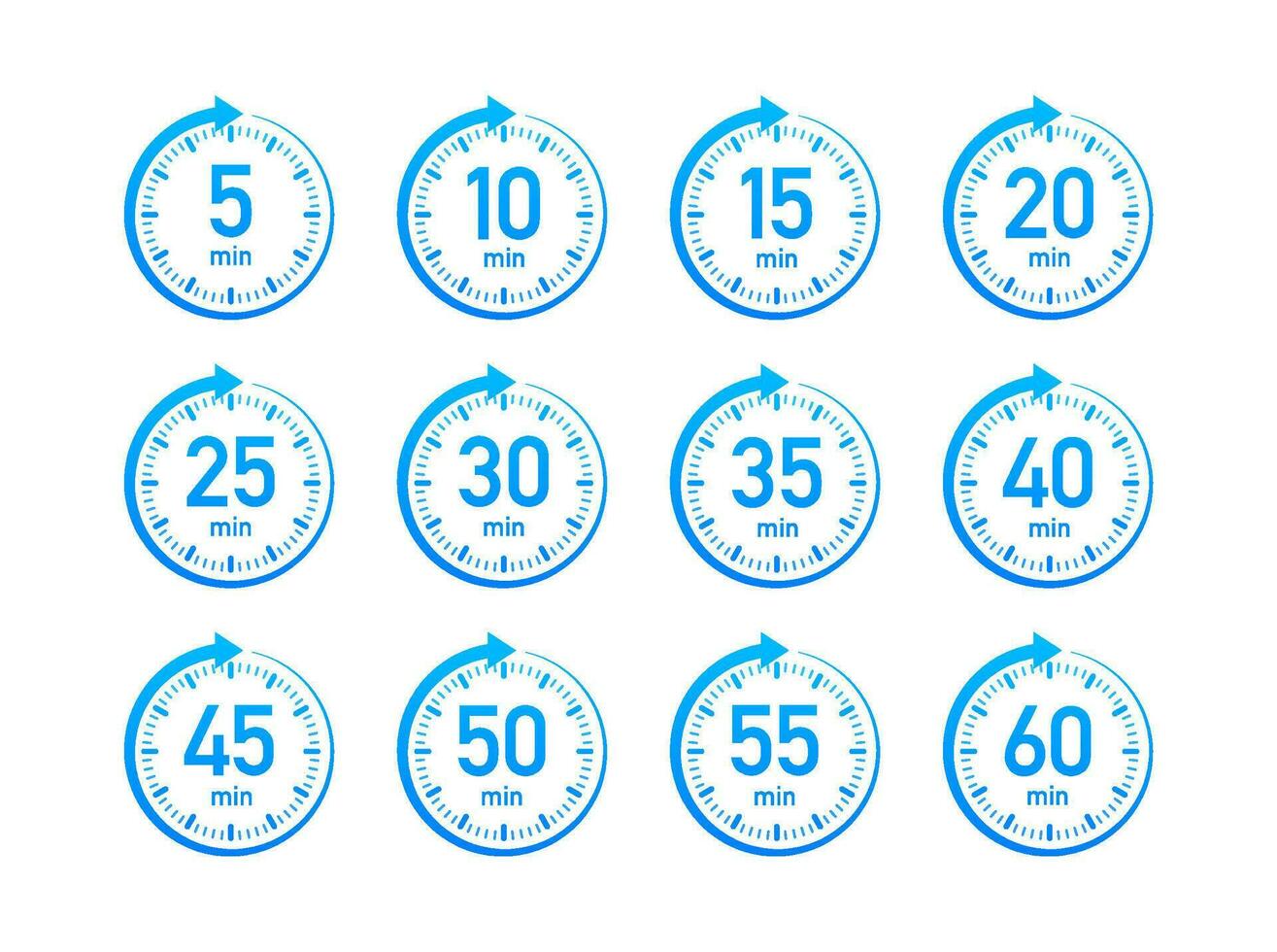 tijdopnemer, stopwatch pictogrammen reeks 10 20 30 40 50 60 minuten. Koken tijd. vector