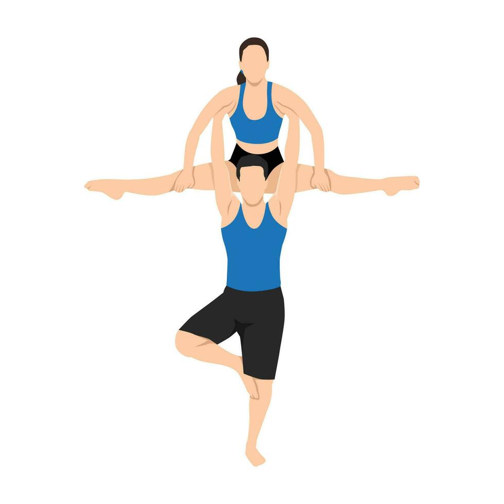 jong paar aan het doen balanceren Aan een been en hijs- vriendin aan het doen splitst gedurende acro yoga sessie. vector