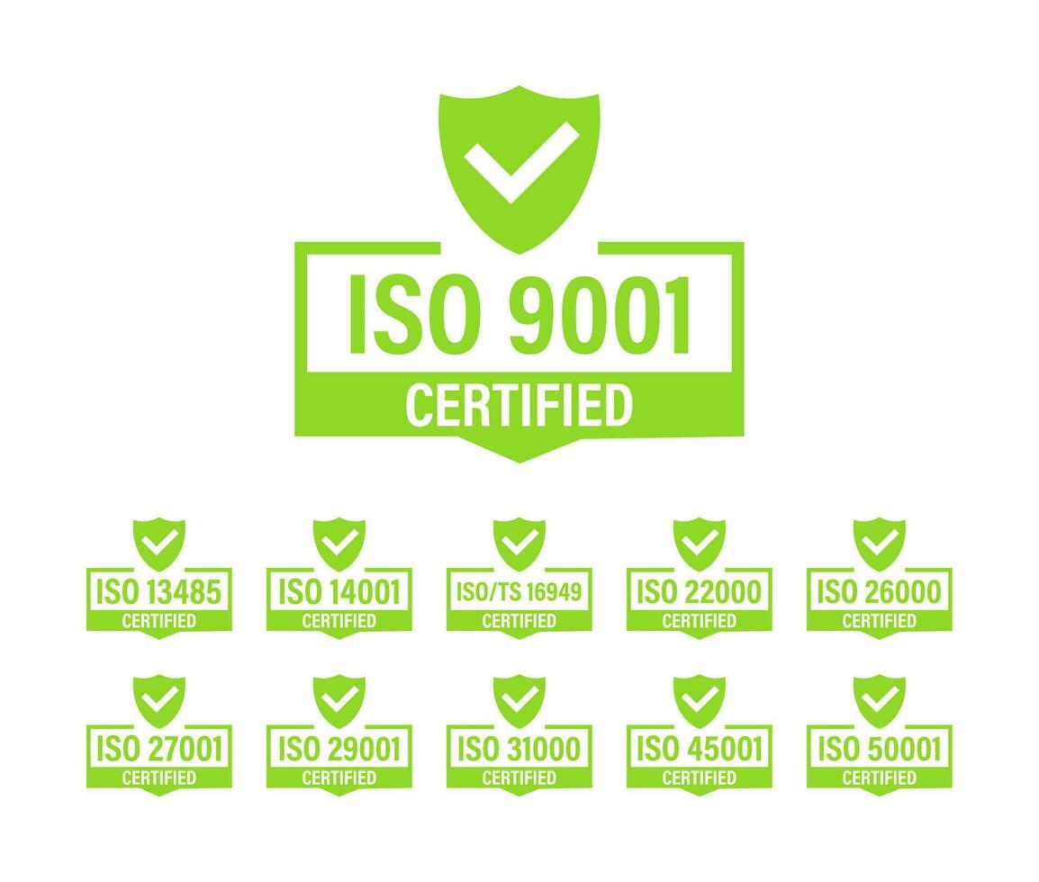 reeks van iso certificaat postzegel en etiketten. iso gecertificeerd kenteken. informatie veiligheid beheer vector