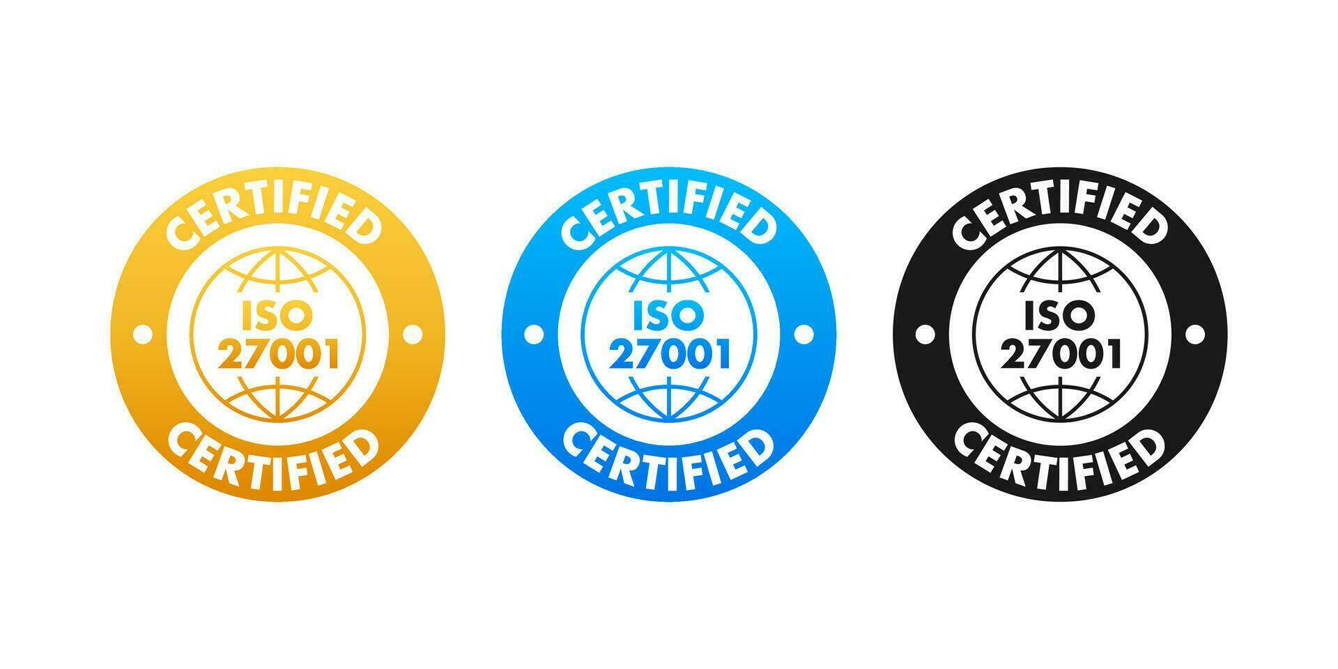 iso 27001 gecertificeerd insigne, icoon. certificaat stempel. vlak ontwerp vector illustratie.