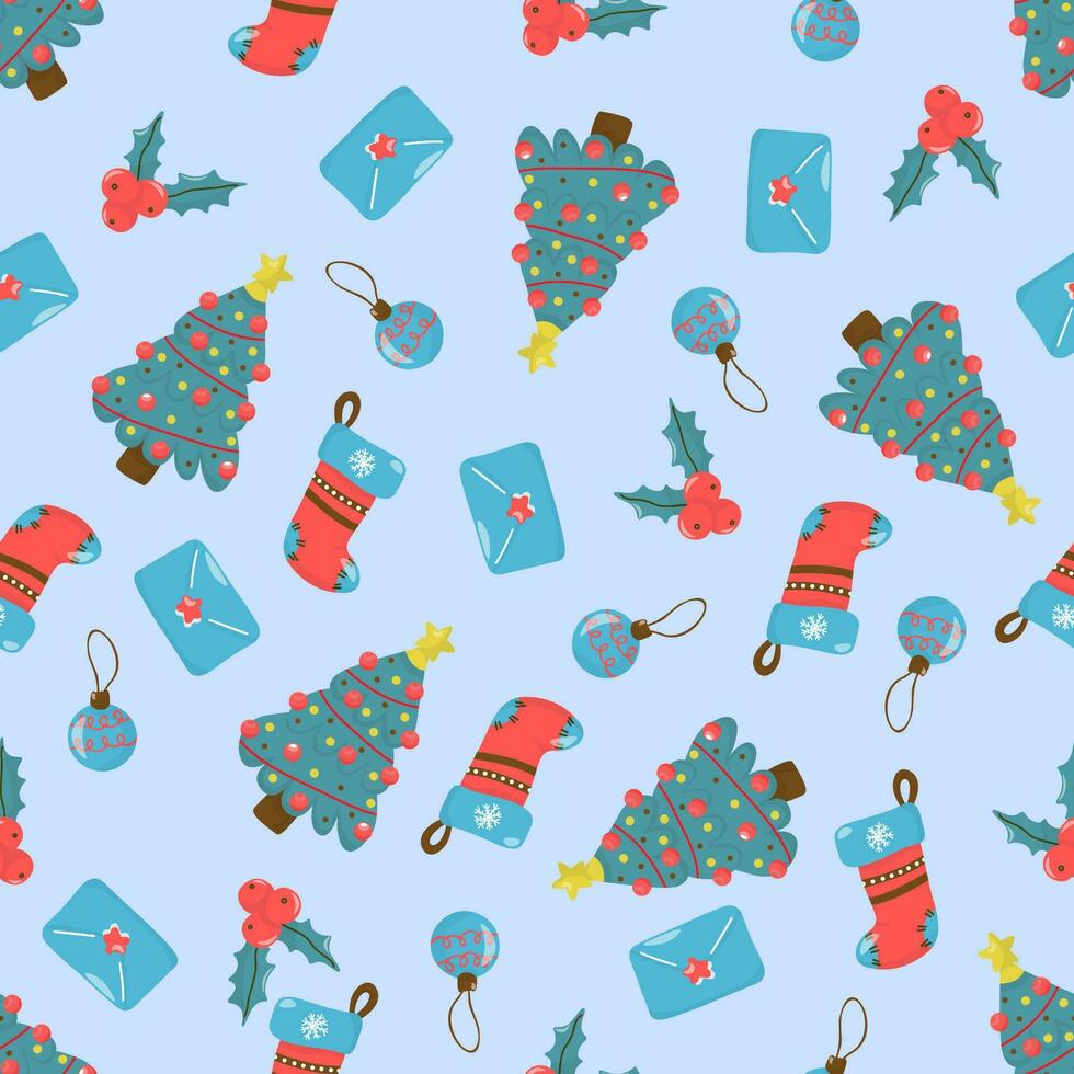 naadloos Kerstmis patroon met hulst, envelop, Spar boom, Kerstmis kous, Kerstmis bal. Aan een blauw achtergrond, in een hand getekend stijl. schattig tekenfilm illustratie. vector