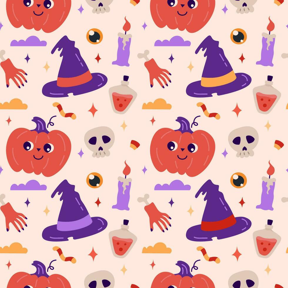 gelukkig halloween. naadloos patroon. schattig vector illustratie met pompoen, hand- met bot, snoep, toverdrank, schedel, magie hoed, kaars.